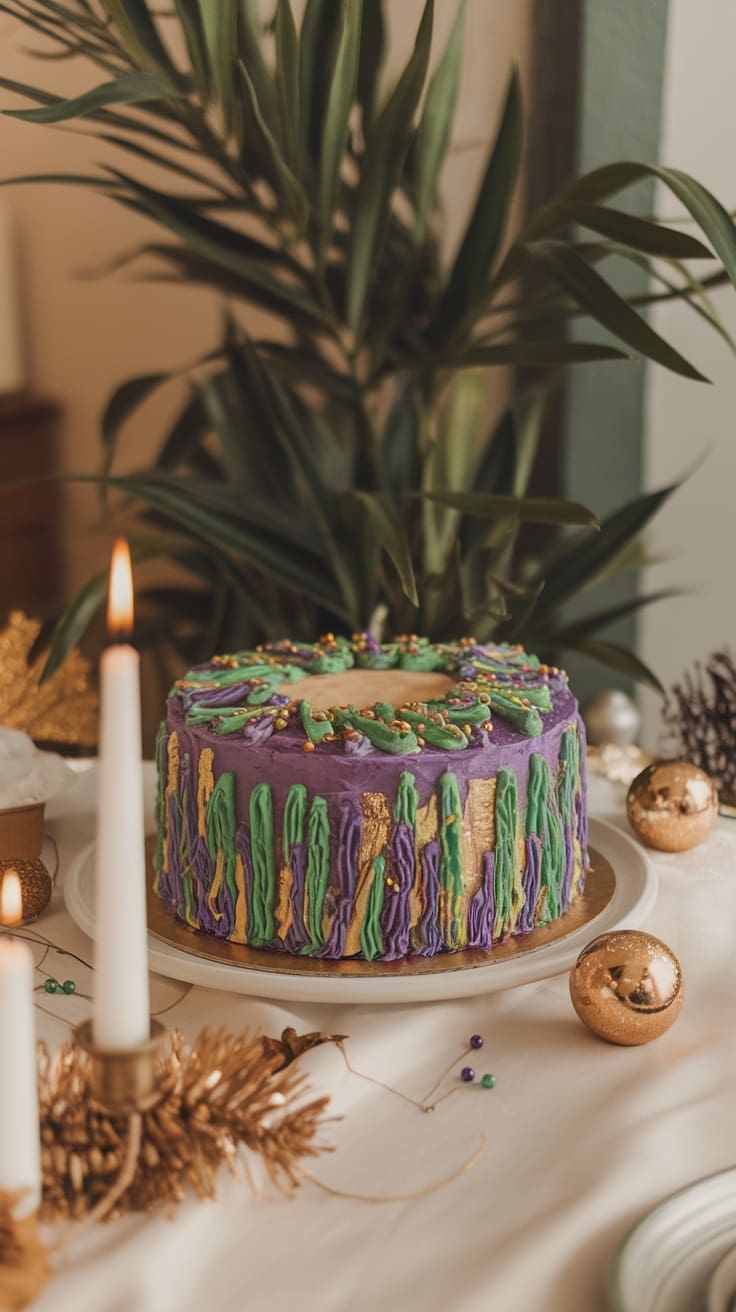 A vibrant King Cake decorated for Mardi Gras with cream cheese filling.