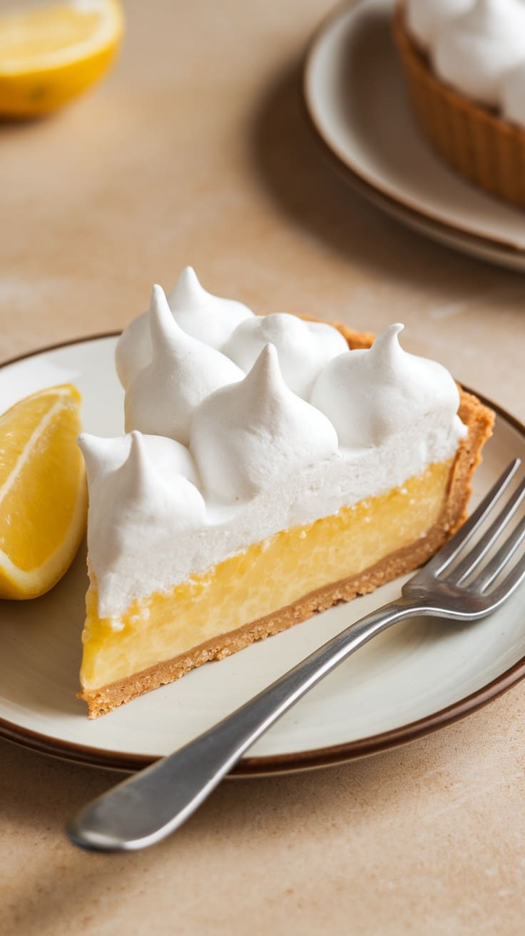 A slice of lemon meringue tart on a plate with a fork and a lemon wedge.