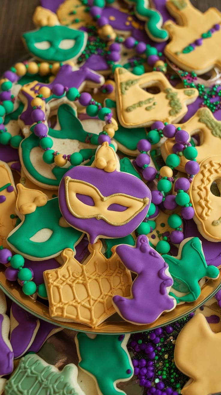 A colorful assortment of decorated cookies for Mardi Gras.