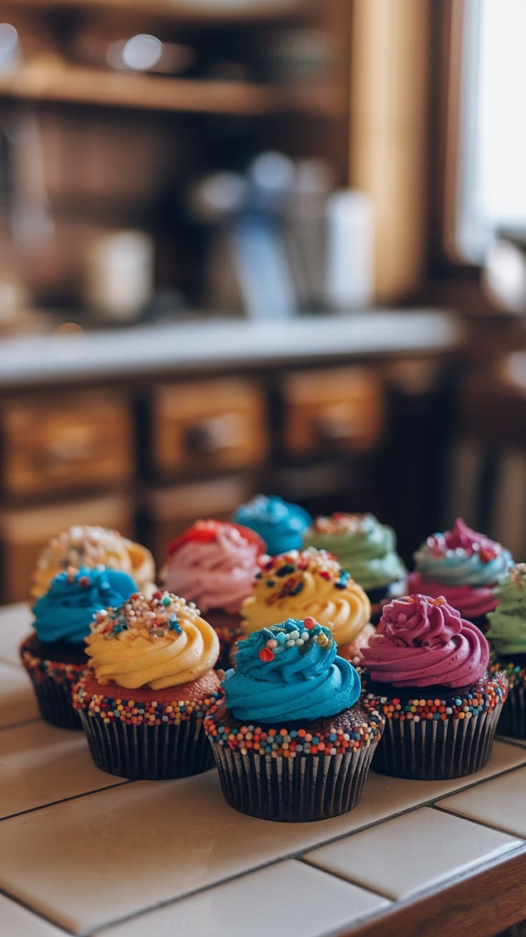 Colorful Mardi Gras cupcakes with vibrant frosting and sprinkles