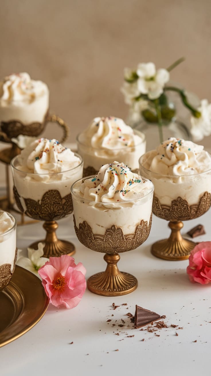 Mardi Gras Mousse Cups with whipped cream and colorful sprinkles.