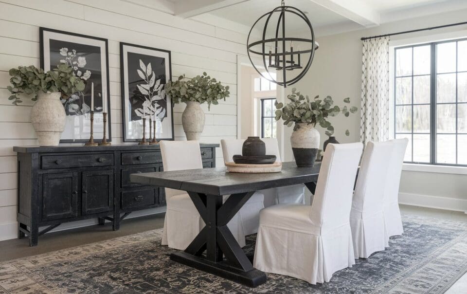 A modern farmhouse dining room in black and white.