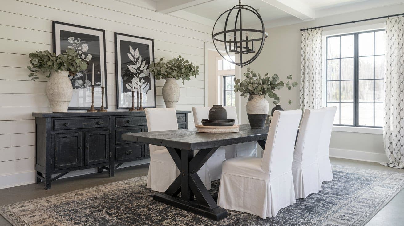 A modern farmhouse dining room in black and white.
