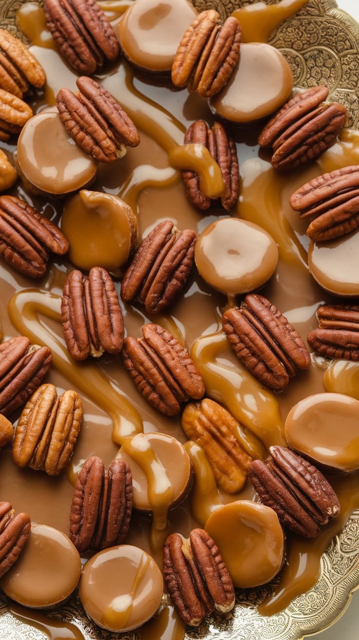 Delicious pecan pralines with a glossy caramel glaze.
