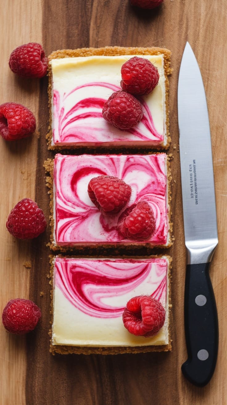 Raspberry Cheesecake Bars on a wooden cutting board with fresh raspberries