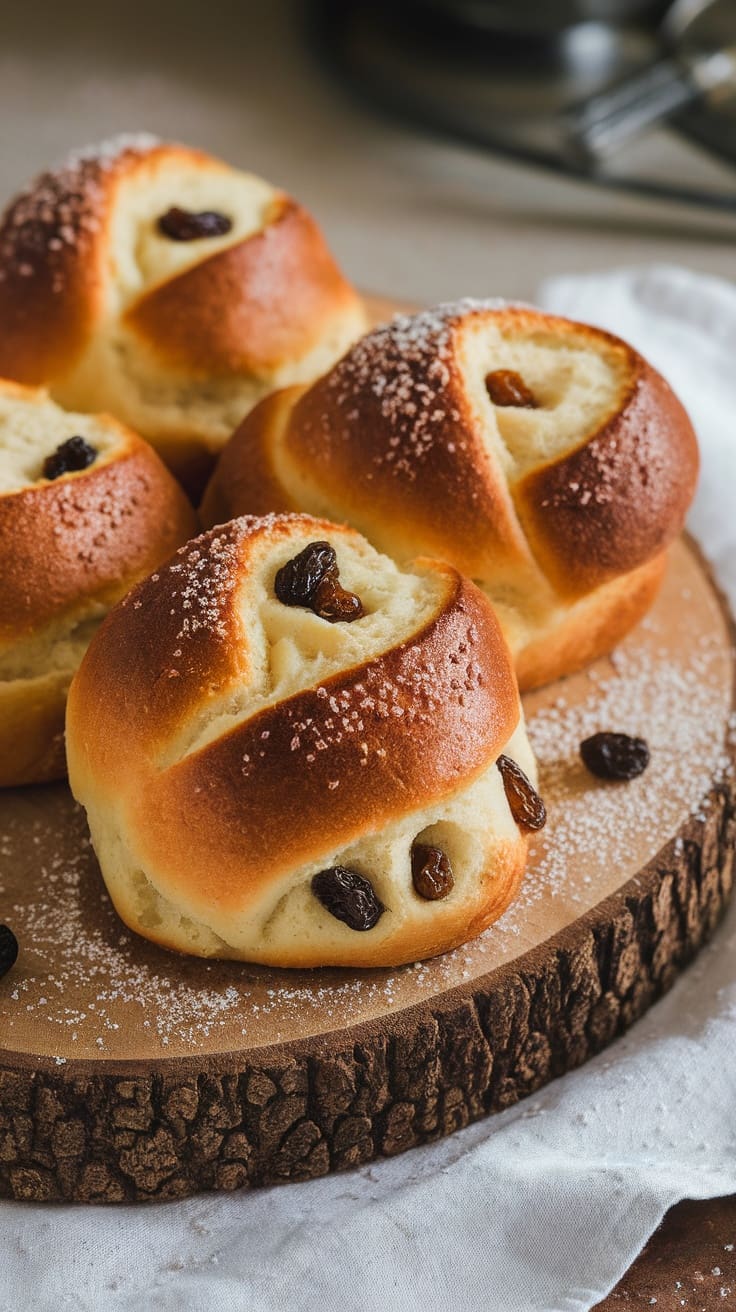 A delicious stack of Sourdough King Cake Rolls, golden and dusted with powdered sugar.