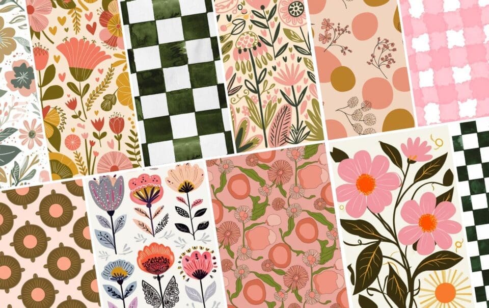 A vibrant spring-themed iPhone wallpaper featuring a collage of nine floral and geometric patterns in pink, green, and cream hues. The designs showcase flowers, leaves, checkerboard, and abstract shapes with unique variations and arrangements.