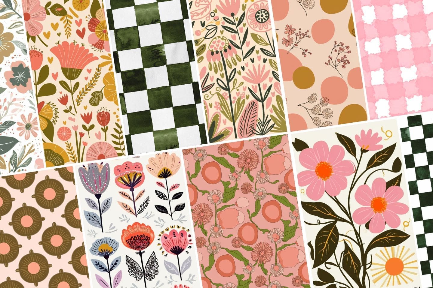 A vibrant spring-themed iPhone wallpaper featuring a collage of nine floral and geometric patterns in pink, green, and cream hues. The designs showcase flowers, leaves, checkerboard, and abstract shapes with unique variations and arrangements.
