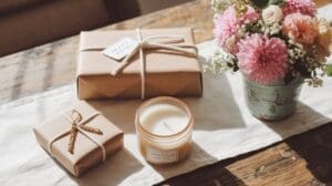 A rustic scene with two brown paper-wrapped gifts tied with string, a lit candle labeled Natural Scent, and a small floral arrangement in a decorative vase on a wooden table. The setting is warm and cozy.