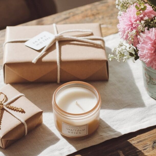A rustic scene with two brown paper-wrapped gifts tied with string, a lit candle labeled Natural Scent, and a small floral arrangement in a decorative vase on a wooden table. The setting is warm and cozy.