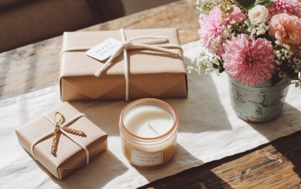 A rustic scene with two brown paper-wrapped gifts tied with string, a lit candle labeled Natural Scent, and a small floral arrangement in a decorative vase on a wooden table. The setting is warm and cozy.