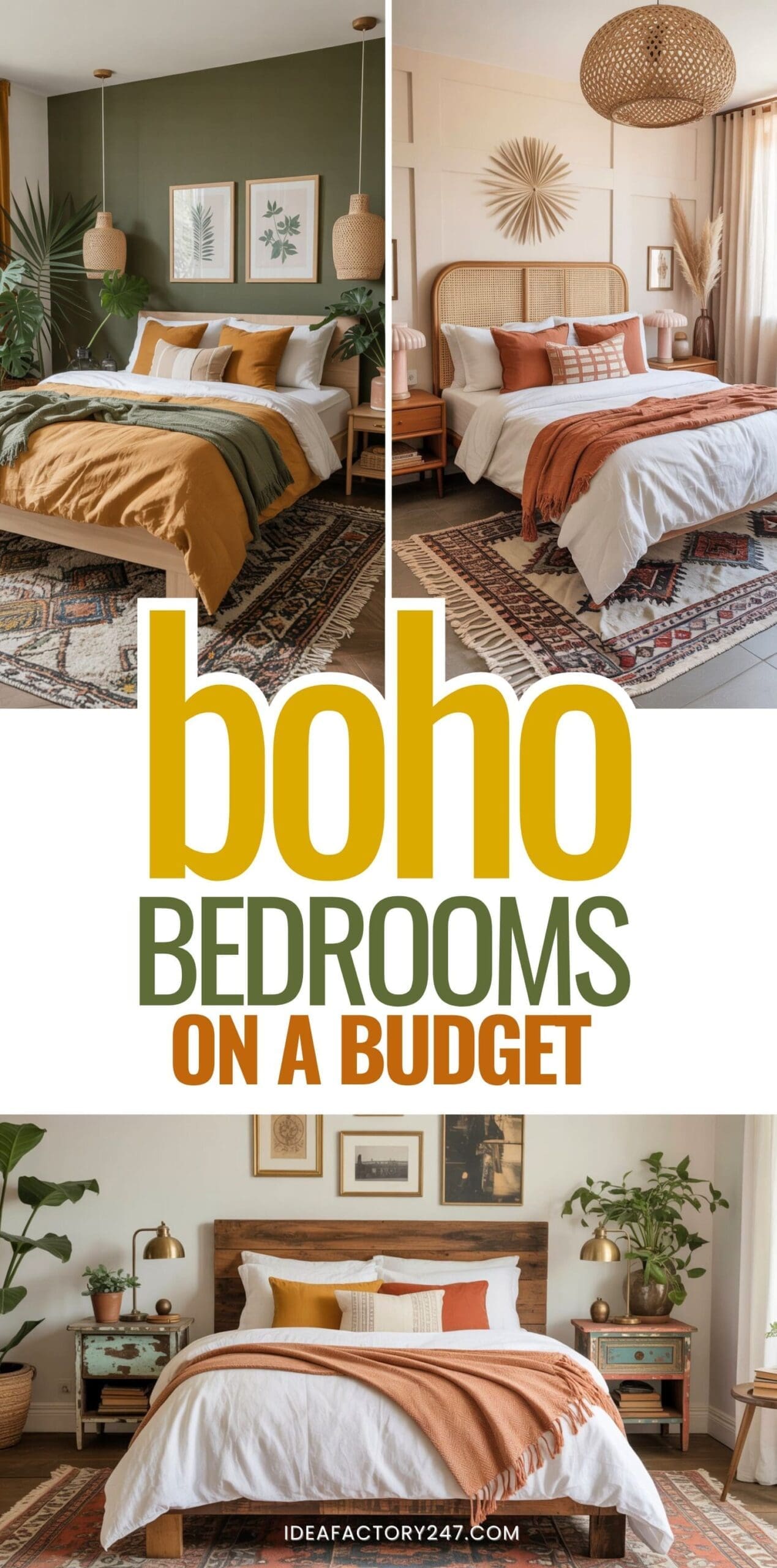 A collage of three boho-style bedrooms featuring eclectic bedroom styling, earthy tones, textured bedding, woven accents, houseplants, and wooden furniture. Text overlay reads: Boho Bedrooms on a Budget.