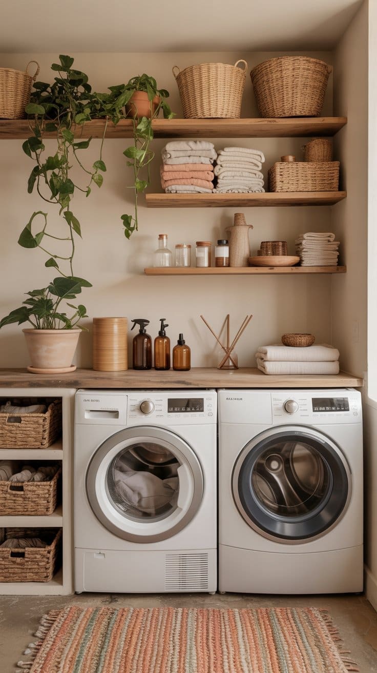 A neatly organized laundry room with a washer and dryer, woven baskets, folded towels, potted plants, amber bottles, and wooden shelves, all in warm, neutral tones with a striped rug on the floor.