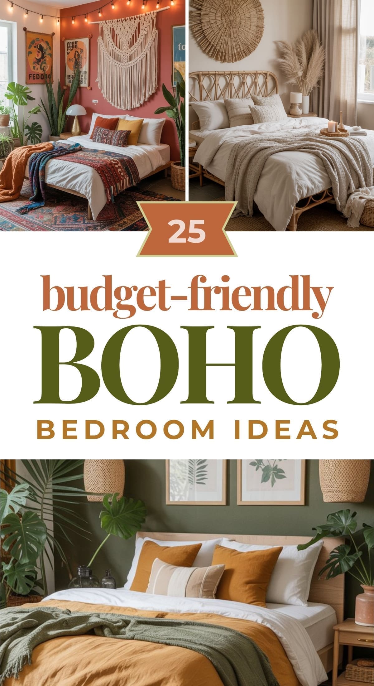 Collage featuring cozy boho bedrooms with plants, macramé, and layered bedding. Text reads: 25 budget-friendly BOHO bedroom ideas in bold, earthy tones—perfect for inspiring your own boho chic room ideas.