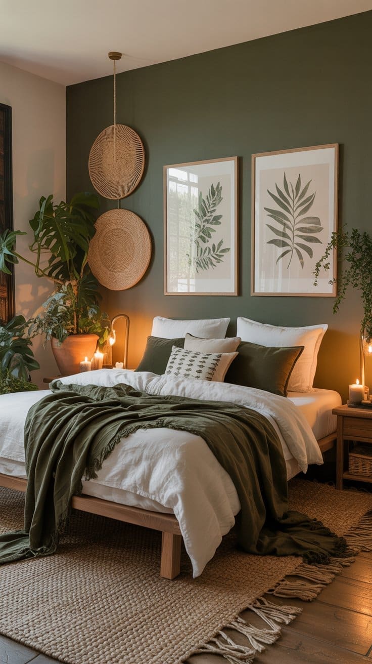 A cozy bedroom with an olive green accent wall, two botanical prints, woven wall decor, leafy plants, and a wooden bed with white bedding and green throw—perfect for modern boho bedroom design or bohemian bedroom decoration enthusiasts.