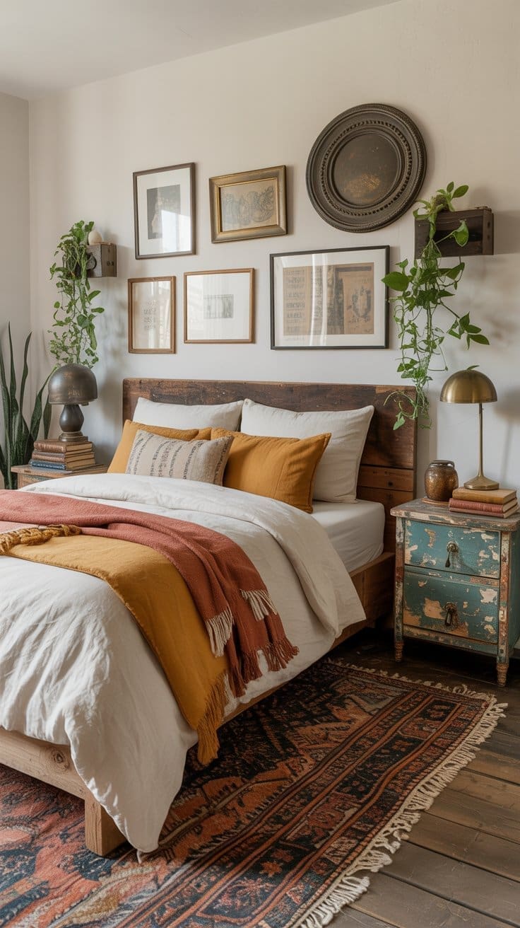 A cozy boho bedroom decor with a wooden bed, white and mustard bedding, orange throw, vintage nightstand, brass lamps, potted plants, and assorted framed art above the bed. A patterned rug adds to the eclectic bedroom styling.