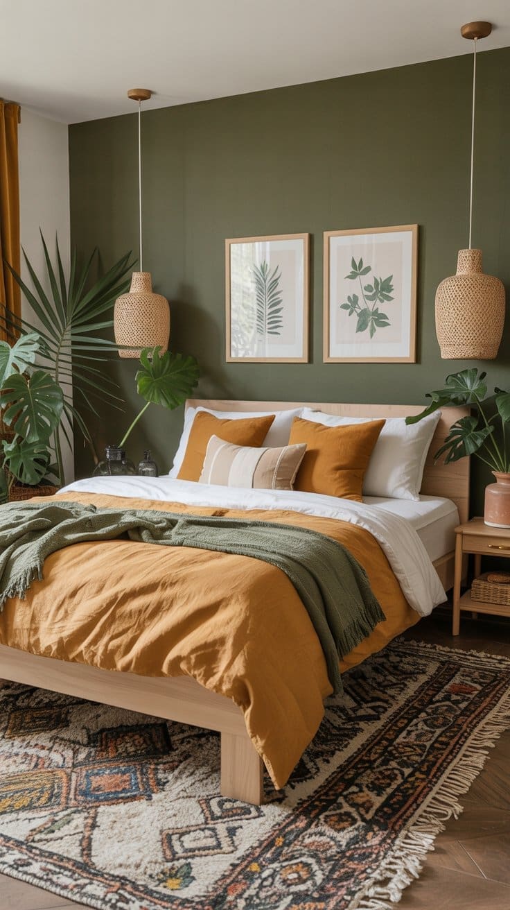 A cozy bedroom with an olive green accent wall, a wooden bed with mustard and white bedding, green blanket, leafy plants, woven pendant lights, botanical artwork, and a patterned rug—perfect inspiration for modern boho bedroom design.