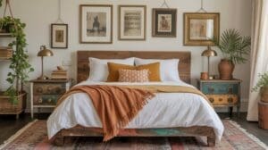 A cozy bedroom with eclectic bedroom styling features a wooden bed, white bedding, mustard and rust-colored pillows and throw, a patterned rug, vintage nightstands, potted plants, and framed art hanging above the bed.