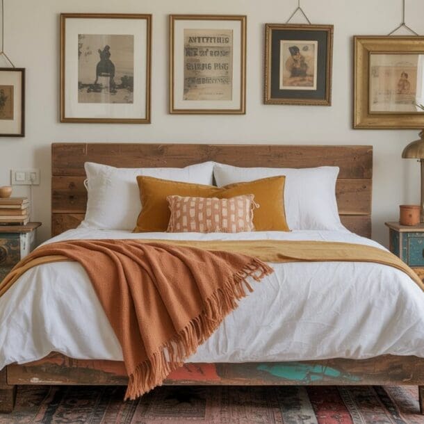 A cozy bedroom with eclectic bedroom styling features a wooden bed, white bedding, mustard and rust-colored pillows and throw, a patterned rug, vintage nightstands, potted plants, and framed art hanging above the bed.