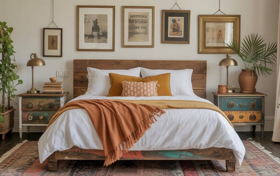 A cozy bedroom with eclectic bedroom styling features a wooden bed, white bedding, mustard and rust-colored pillows and throw, a patterned rug, vintage nightstands, potted plants, and framed art hanging above the bed.