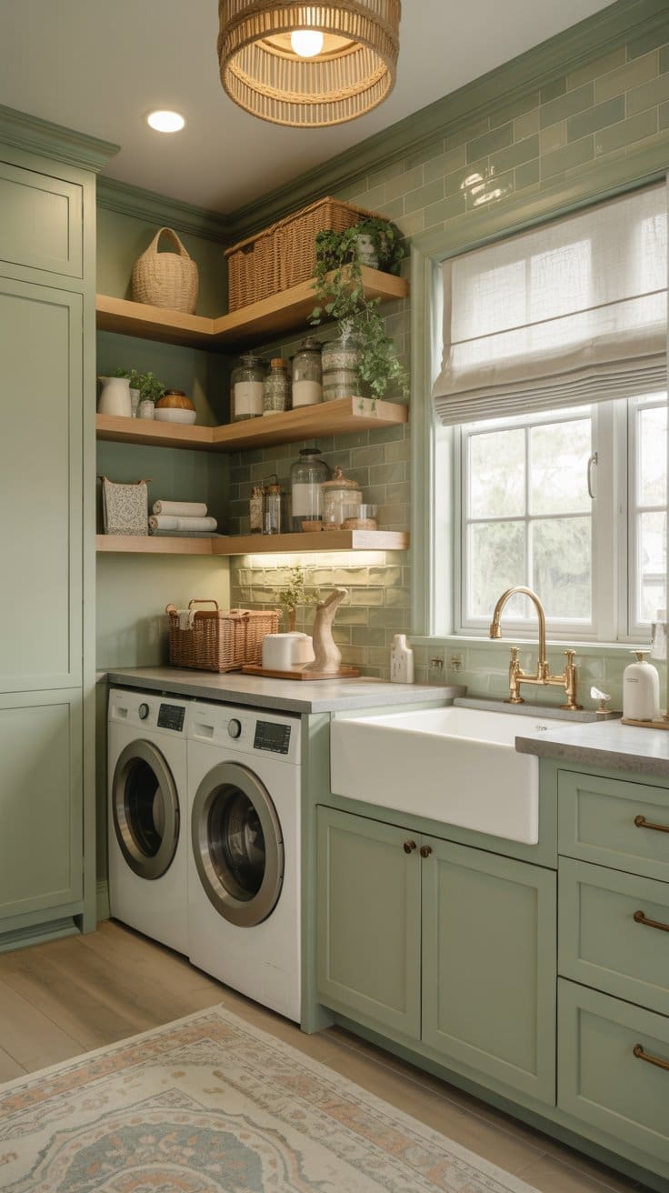 A cozy laundry room with green cabinets, a farmhouse sink, washer and dryer, wood shelves holding jars, baskets, and plants, and a window letting in natural light.