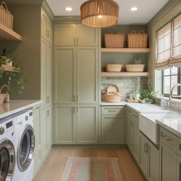 A spacious, elegant boho laundry room with sage green cabinets, marble countertops, open wooden shelves, woven baskets, a farmhouse sink, and a large window with beige shades letting in natural light.