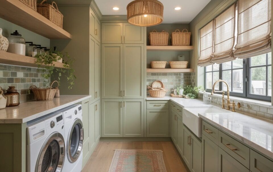 A spacious, elegant boho laundry room with sage green cabinets, marble countertops, open wooden shelves, woven baskets, a farmhouse sink, and a large window with beige shades letting in natural light.