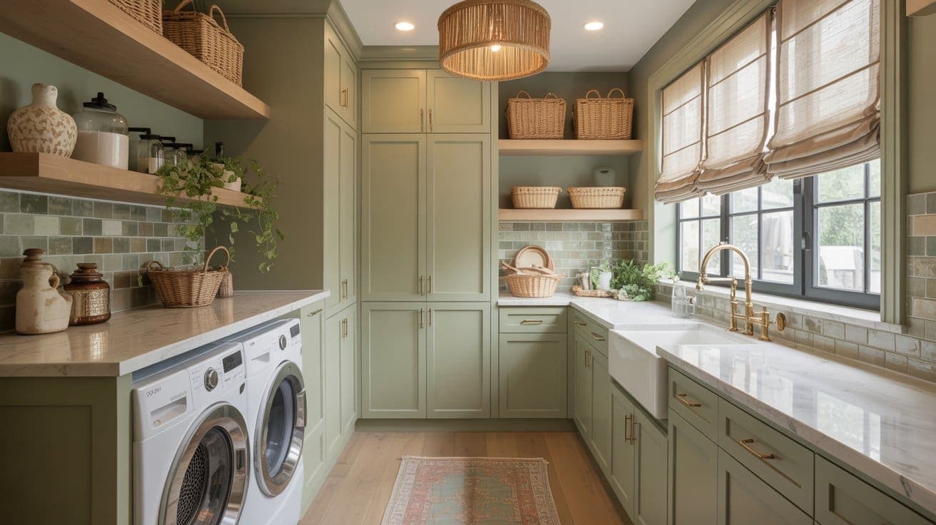 A spacious, elegant boho laundry room with sage green cabinets, marble countertops, open wooden shelves, woven baskets, a farmhouse sink, and a large window with beige shades letting in natural light.