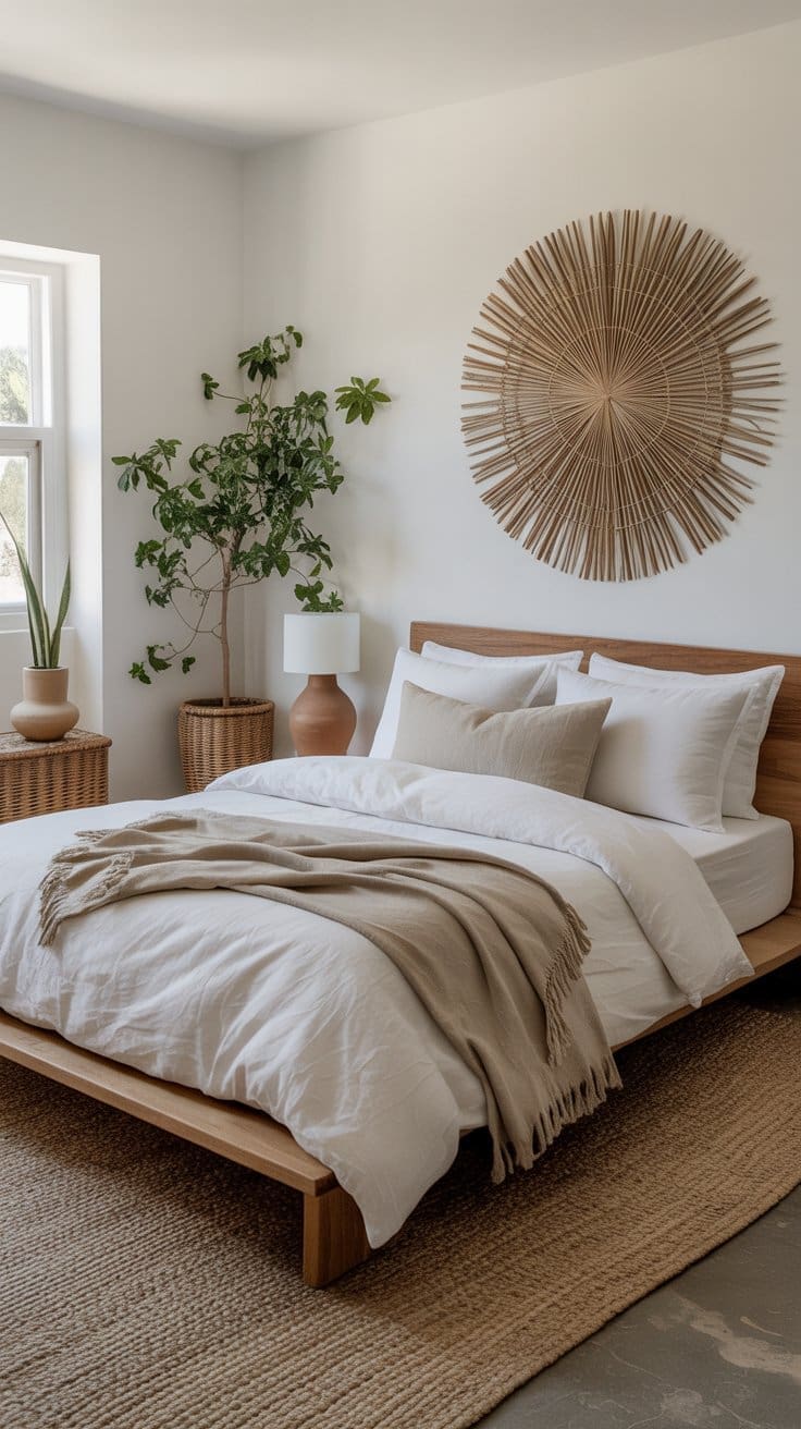 A cozy, minimalist bedroom with boho bedroom decor—wooden bed, white bedding, beige throw blanket, potted plants, a woven rug, and sunburst wall decor above the bed—creates a calm and natural atmosphere.