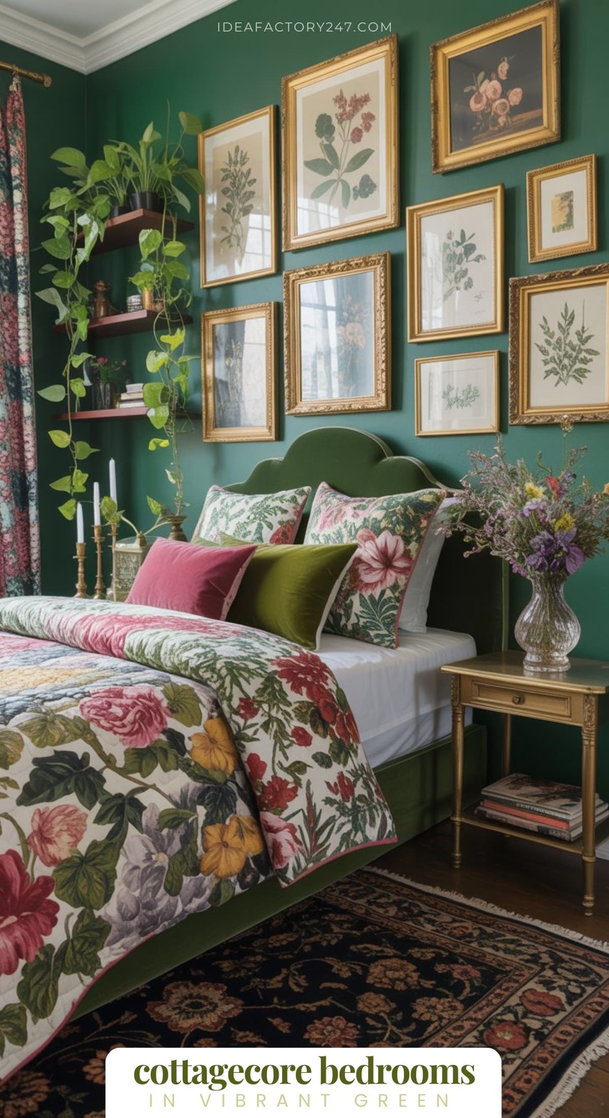 A cottagecore bedroom with vibrant green walls, floral bedding, gold-framed art, potted plants, and a vase of wildflowers on a bedside table—perfect for fans of cozy green bedrooms and nature-inspired decor.
