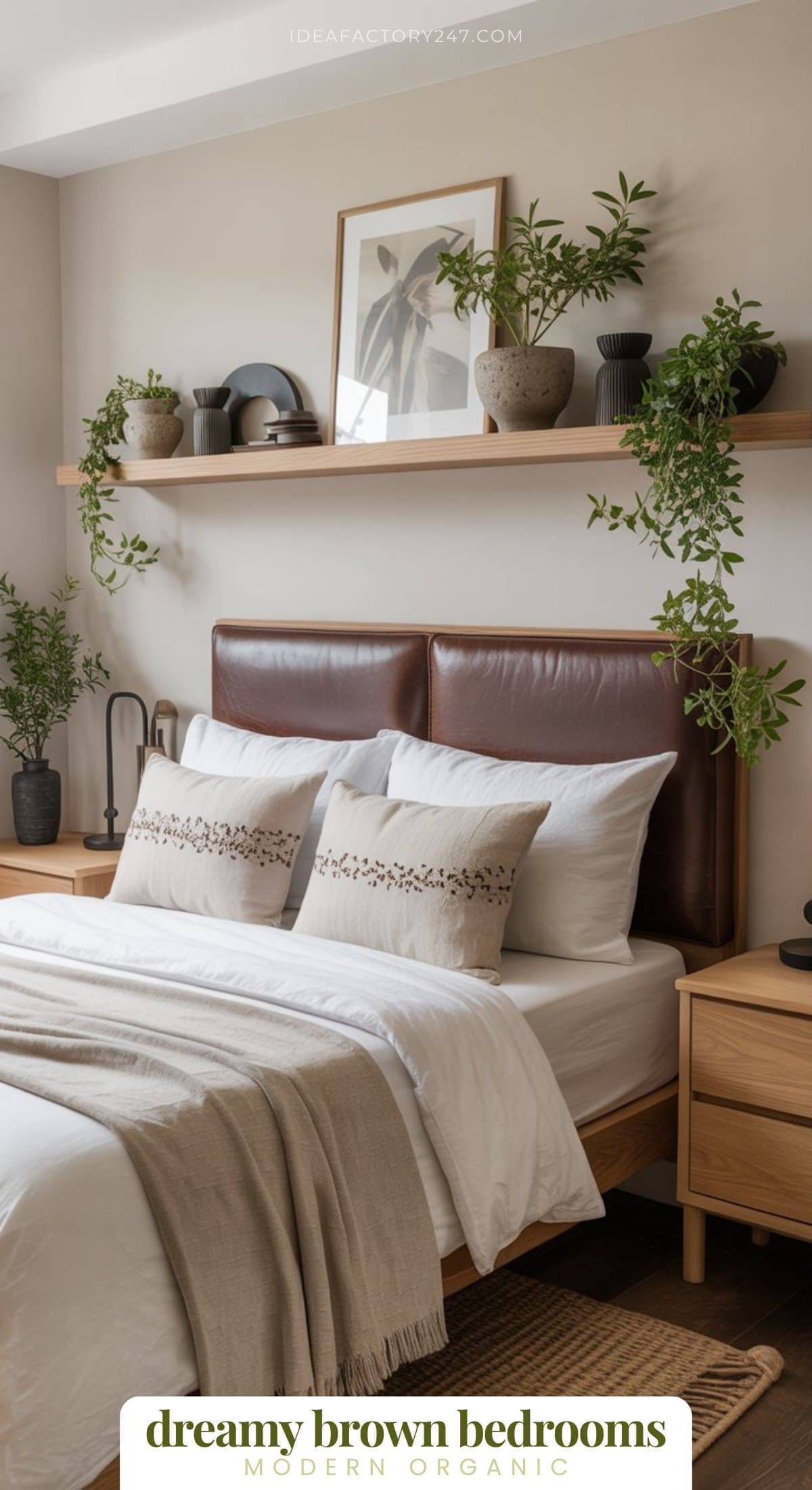 A modern bedroom with a brown leather headboard, white bedding, wood nightstands, and green plants on a floating shelf above the bed. Neutral tones and organic decor create a cozy, inviting atmosphere.