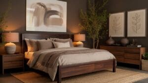 A cozy bedroom with a wooden bed, beige bedding, two bedside tables with lamps, abstract wall art, framed botanical prints, a wooden dresser, potted plants, and warm ambient lighting.