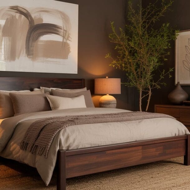 A cozy bedroom with a wooden bed, beige bedding, two bedside tables with lamps, abstract wall art, framed botanical prints, a wooden dresser, potted plants, and warm ambient lighting.