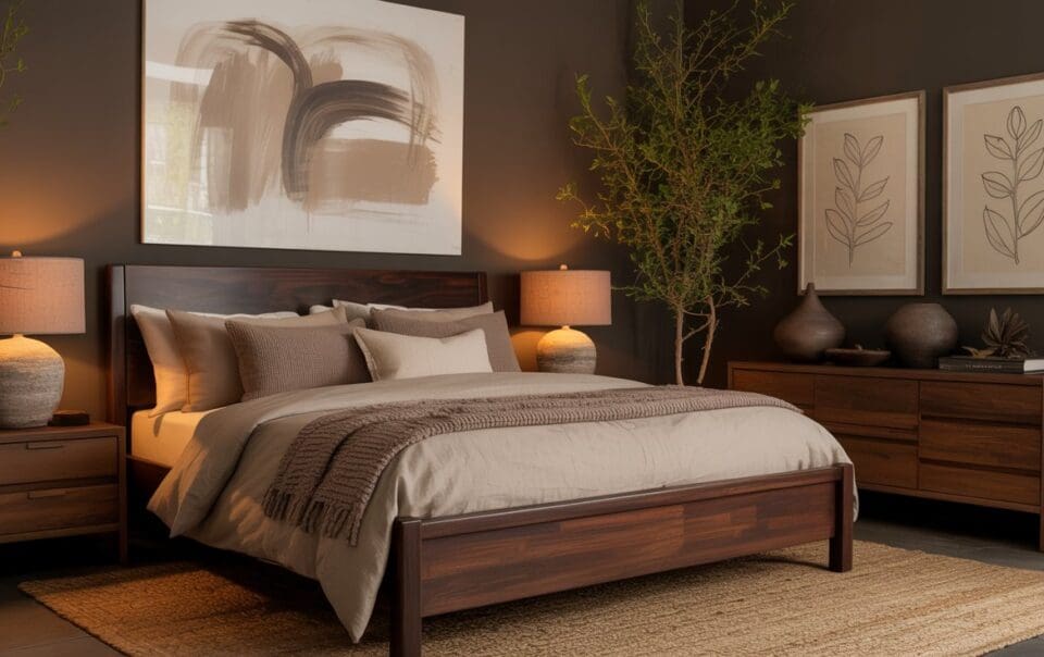 A cozy bedroom with a wooden bed, beige bedding, two bedside tables with lamps, abstract wall art, framed botanical prints, a wooden dresser, potted plants, and warm ambient lighting.