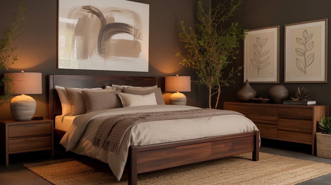 A cozy bedroom with a wooden bed, beige bedding, two bedside tables with lamps, abstract wall art, framed botanical prints, a wooden dresser, potted plants, and warm ambient lighting.