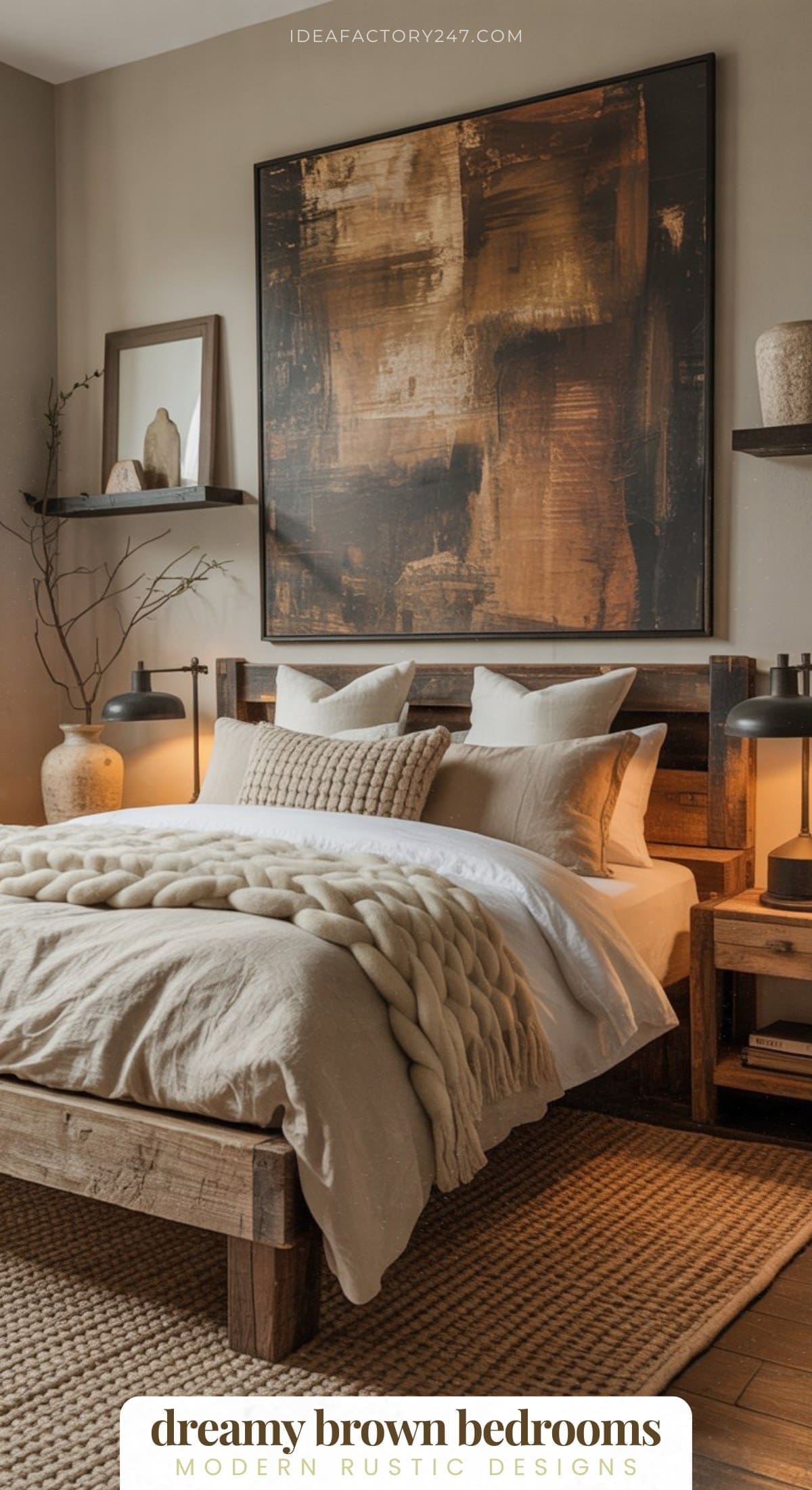 A cozy, modern rustic bedroom with a wooden bed frame, neutral bedding, soft knit blanket, warm lighting, earth-toned decor, wall art, and shelves displaying minimalist vases and pottery. Text reads dreamy brown bedrooms.
