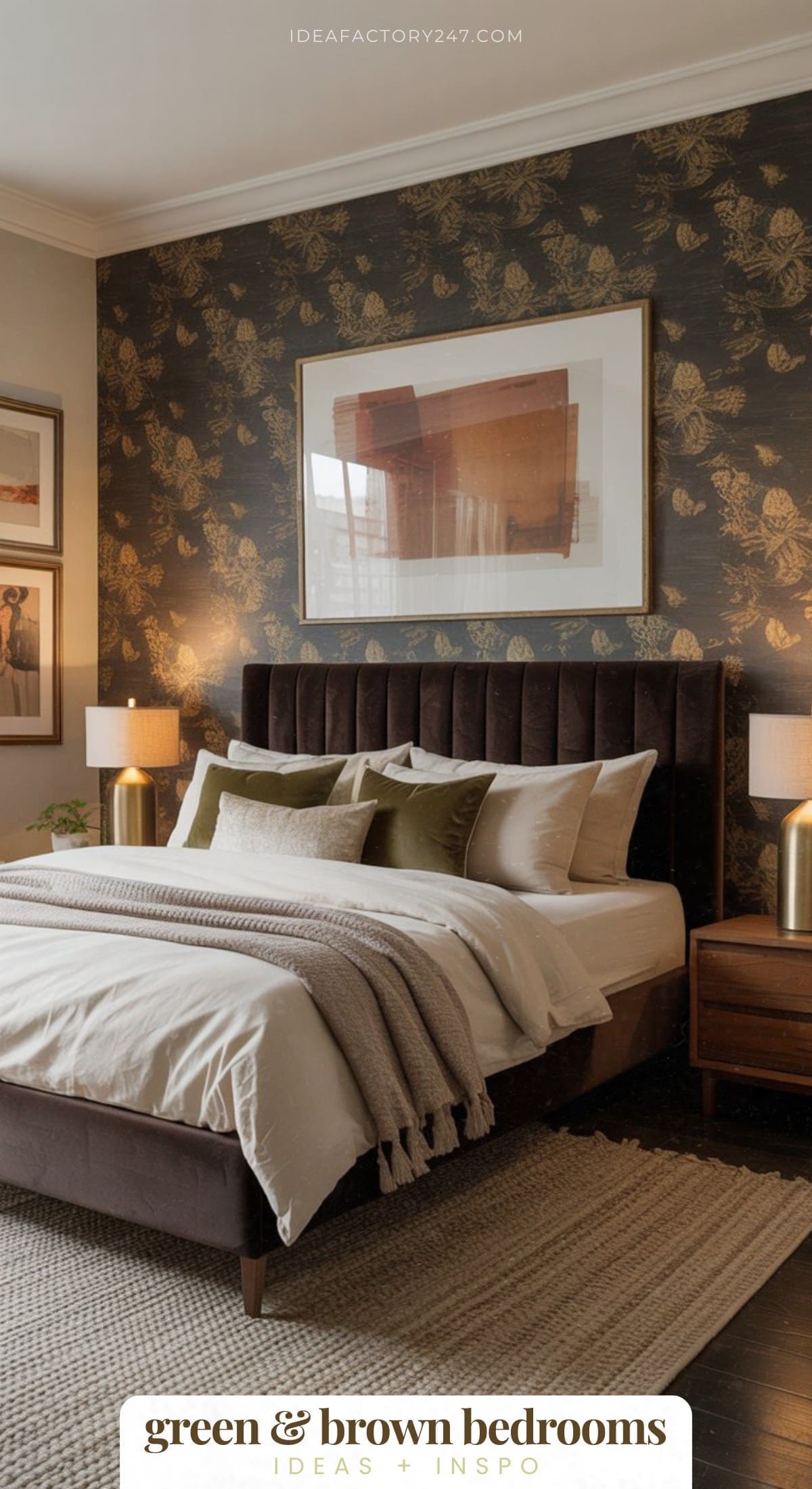 A stylish bedroom with a dark upholstered bed, green and beige pillows, a knitted throw blanket, wooden nightstands with brass lamps, and a floral accent wall, featuring warm lighting and earthy tones.