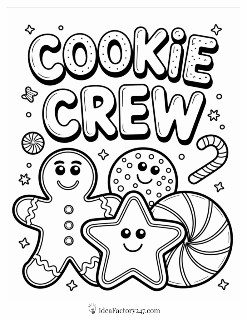 Black-and-white coloring page with the words COOKIE CREW above smiling cookie characters, including a gingerbread man, a star, a round cookie, and candies like a candy cane and peppermint.