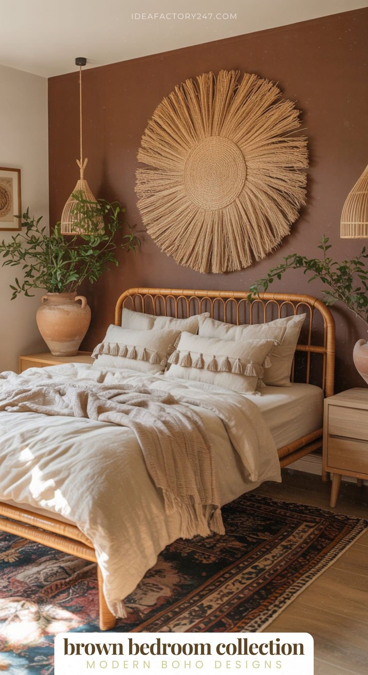 A cozy brown boho bedroom with a rattan bed, neutral bedding, large woven wall decor, hanging wicker lamps, potted plants, and a vintage rug on wood flooring.