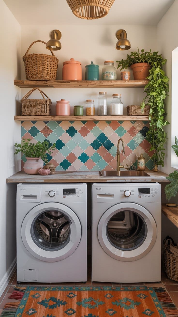 A bright, organized laundry room with two front-loading washers, colorful patterned tile backsplash, wooden shelves with baskets and jars, potted plants, and a vibrant rug on the floor.