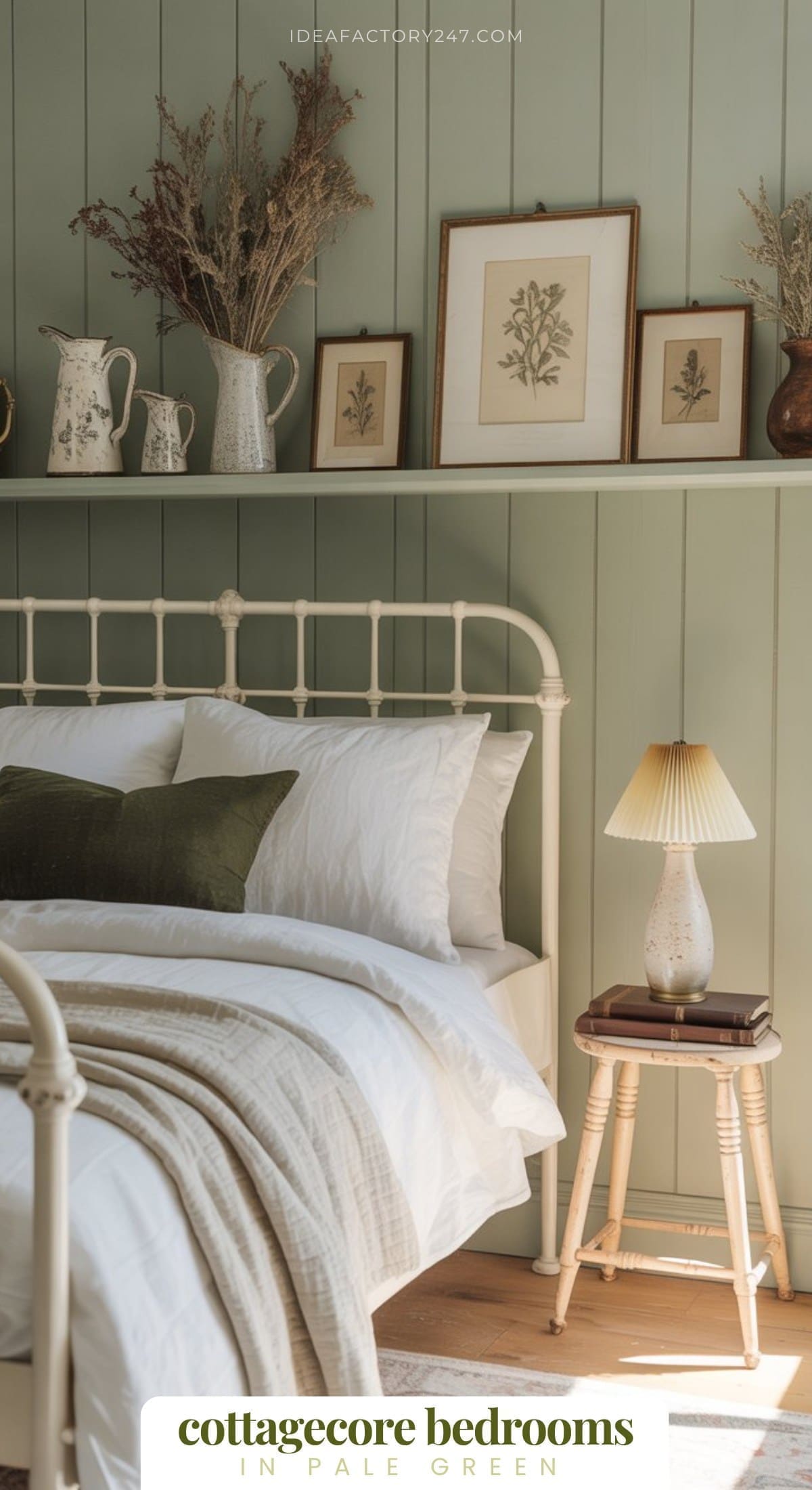 This fresh take on cottagecore features vertical paneling in pale green, paired with crisp white bedding and simple, classic accessories—perfect for those who love a clean look with vintage flair.Learn how to recreate this look and find more green cottagecore bedroom ideas.