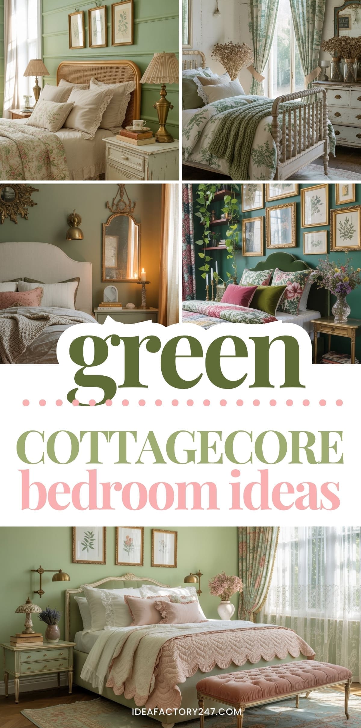 Collage of cozy green bedrooms with cottagecore charm, featuring floral bedding, vintage furniture, wall art, and soft natural light. Text reads: Green Cottagecore Bedroom Ideas.