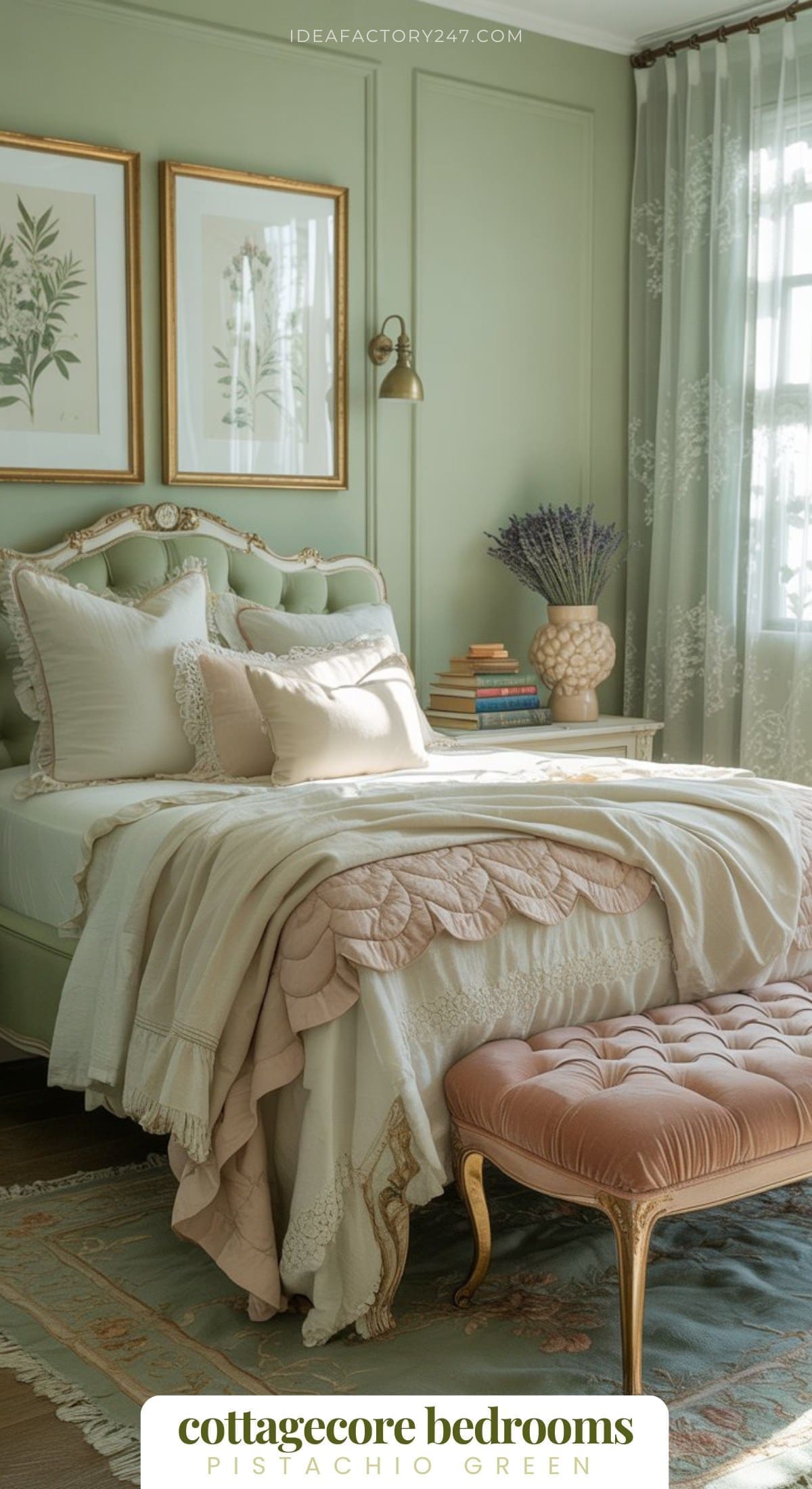 Love the cozy romantic vibes of a cottagecore bedroom? This bedroom's pistachio color scheme, features a vintage-style bed with layered cream bedding, floral wall art, lace curtains + more.Learn how to recreate this look and find more green cottagecore bedroom ideas.