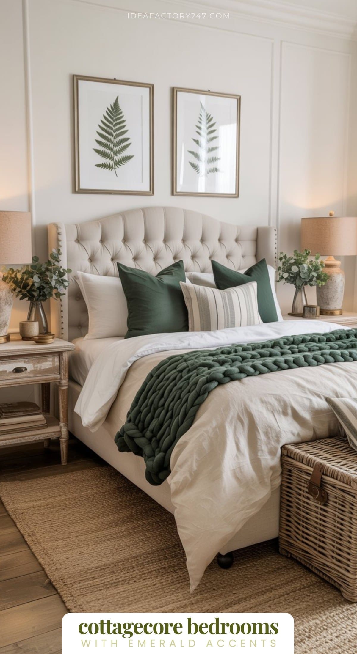 A cozy green bedroom with neutral tones, featuring a tufted bed, green accent pillows and throw, fern artwork above the headboard, bedside tables with lamps, and natural decor like a wicker basket and plants.Learn how to recreate this look and find more green cottagecore bedroom ideas.