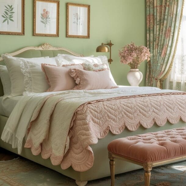 A cozy vintage bedroom with pastel green walls showcases the charm of green bedrooms, featuring elegant pink and white bedding, floral artwork, gold lamps, lace curtains, a tufted pink bench, a small chest, and fresh flowers.