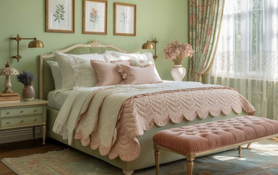 A cozy vintage bedroom with pastel green walls showcases the charm of green bedrooms, featuring elegant pink and white bedding, floral artwork, gold lamps, lace curtains, a tufted pink bench, a small chest, and fresh flowers.