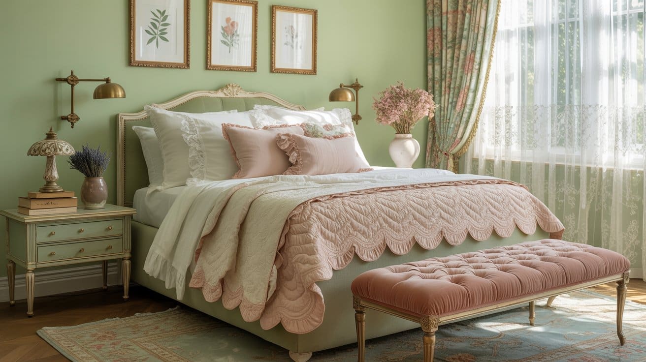 A cozy vintage bedroom with pastel green walls showcases the charm of green bedrooms, featuring elegant pink and white bedding, floral artwork, gold lamps, lace curtains, a tufted pink bench, a small chest, and fresh flowers.