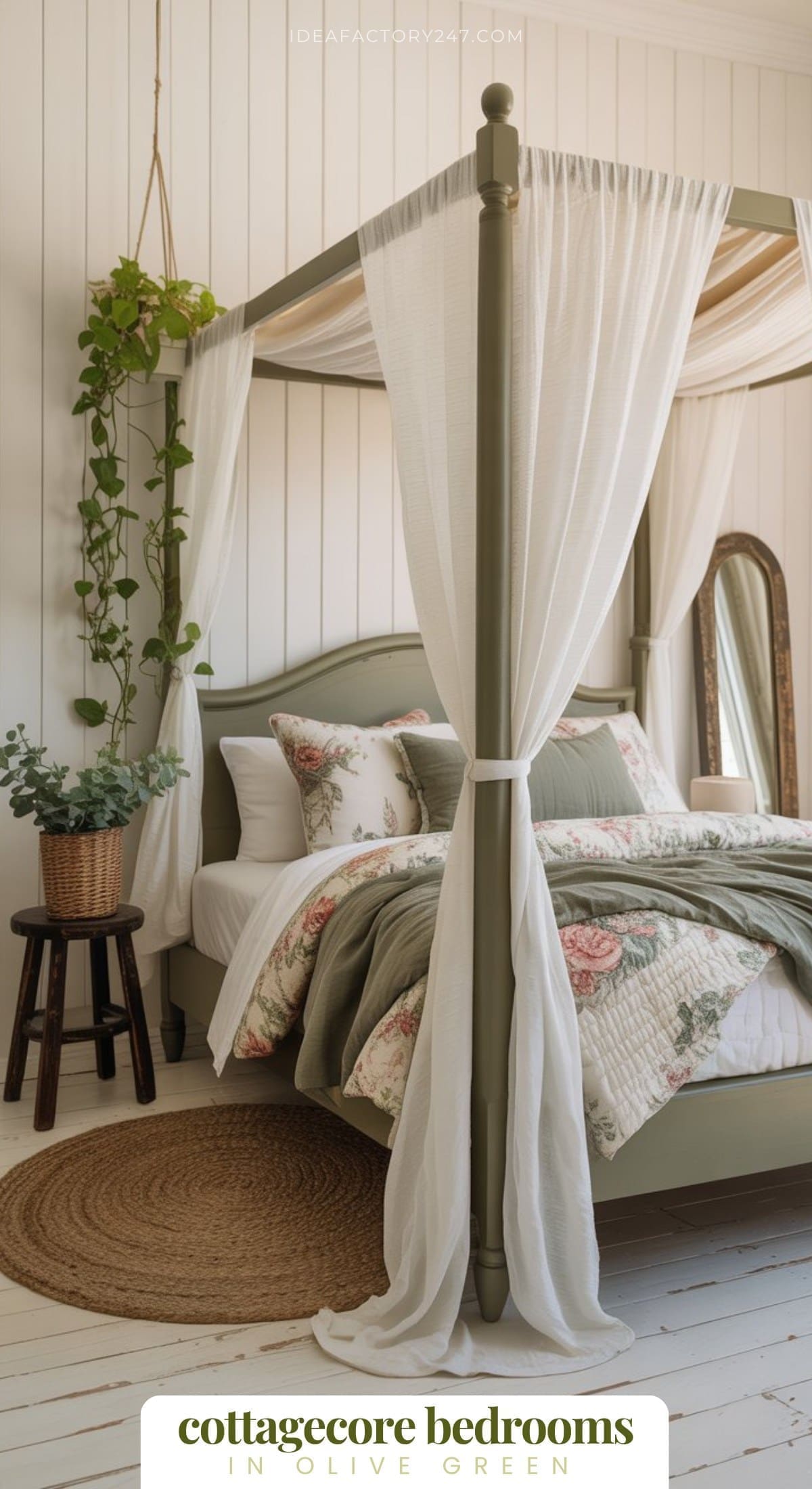 From our collection of green cottagecore bedrooms. Click to see them all!A cozy bedroom with an olive green four-poster bed, white sheer curtains, floral bedding, potted plants, a wicker stool, a round jute rug, and a tall mirror. Text reads green bedrooms in cottagecore style.