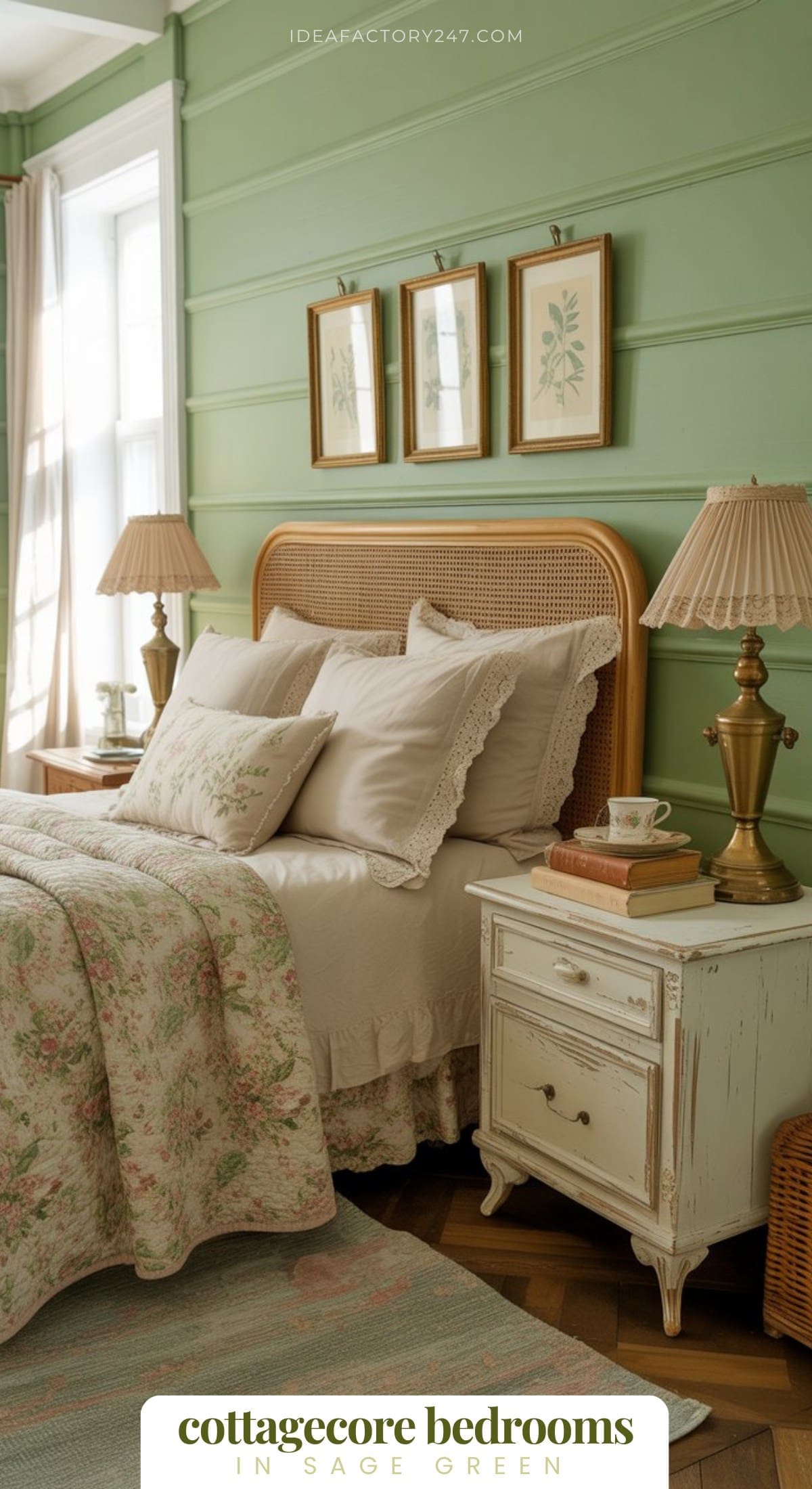 This charming bedroom pairs soft sage green walls with vintage-inspired floral prints for a dreamy, garden-at-dawn vibe. Add a ruffled duvet and some well-loved books, and you’ve got yourself a true cottagecore sanctuary.From our collection of green cottagecore bedrooms. Click to see them all!