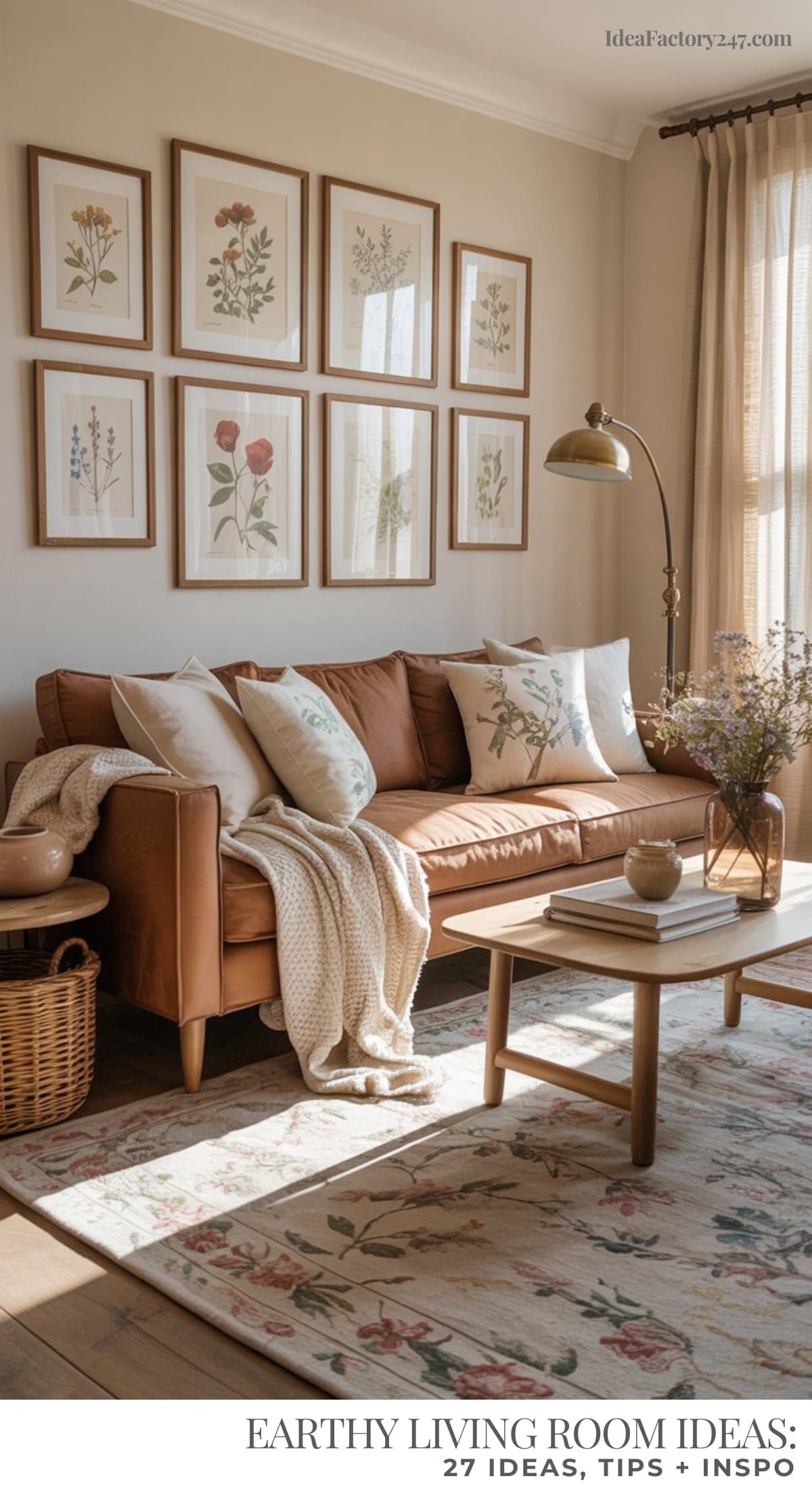 A cozy, earthy living room with a tan sofa, floral cushions, and a soft blanket. Botanical prints hang above, a wooden coffee table sits in front, and sunlight streams through sheer curtains. Earthy, neutral decor tones throughout.